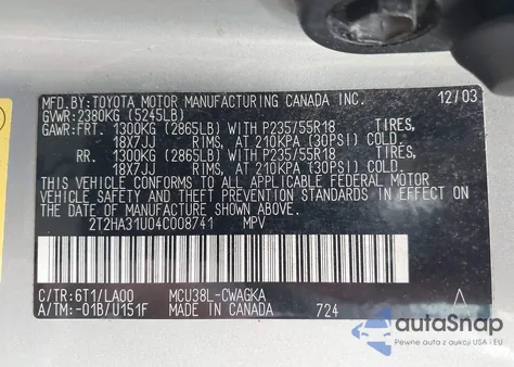 2004 Lexus Rx 330 from USA, damaged, VIN 2T2HA31U04C008741